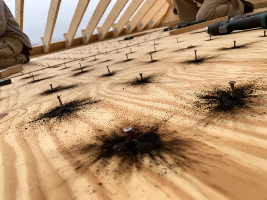 Close-up of dark staining on plywood roof sheathing around nail tips