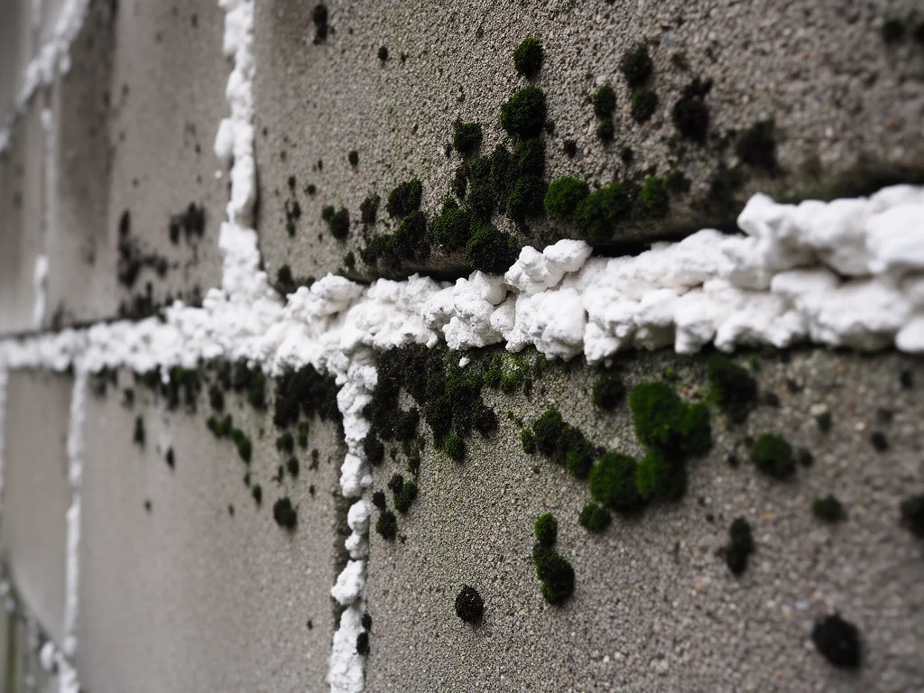 Close-up of mold and white mineral crust on block mortar joints