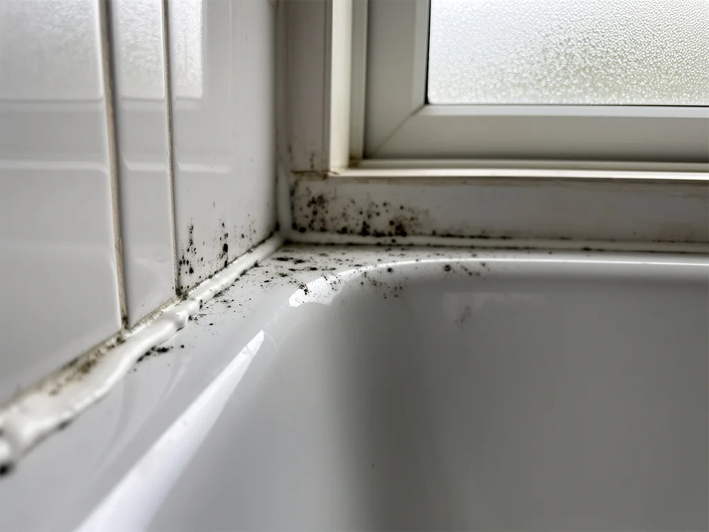 Close-up of black mold in tile grout and sealant at a bathtub corner
