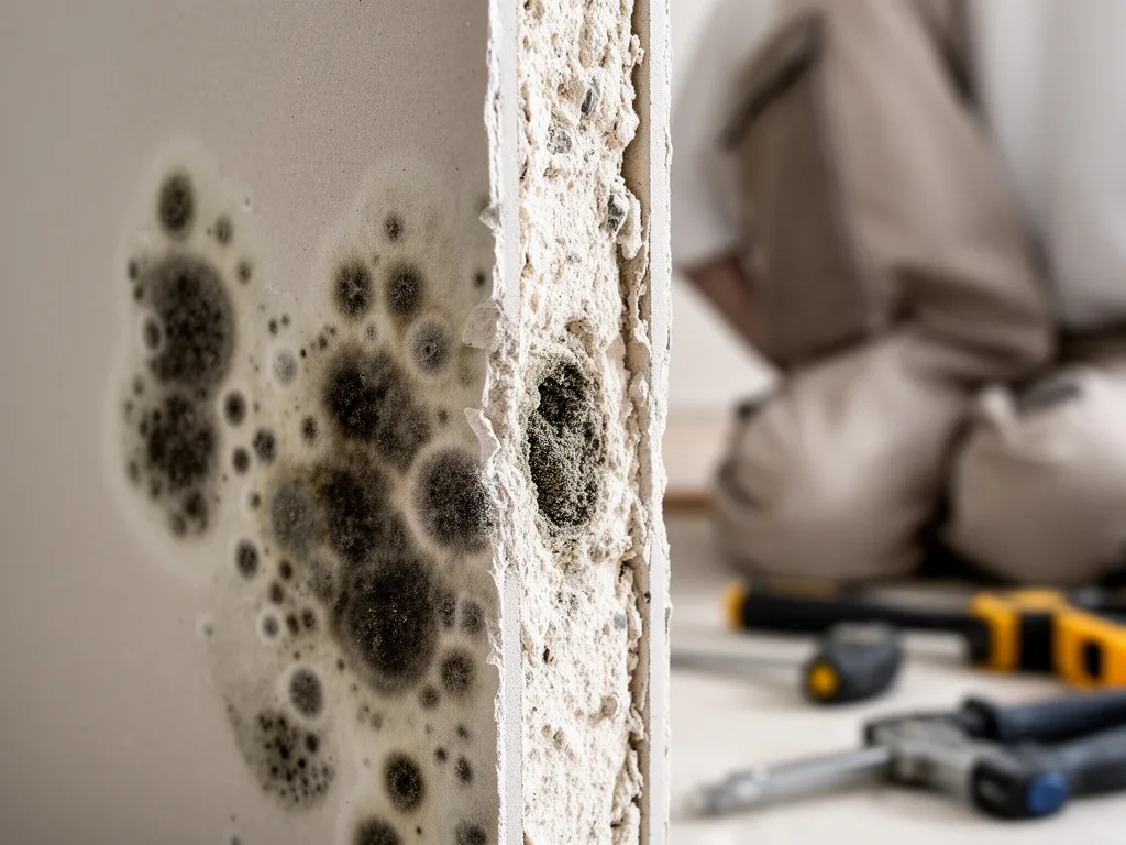 Close-up of dark mold on the back of a cut drywall section