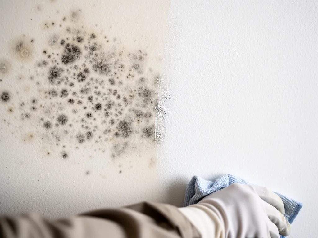 Close-up of mold spots on painted drywall beside a cleaned patch