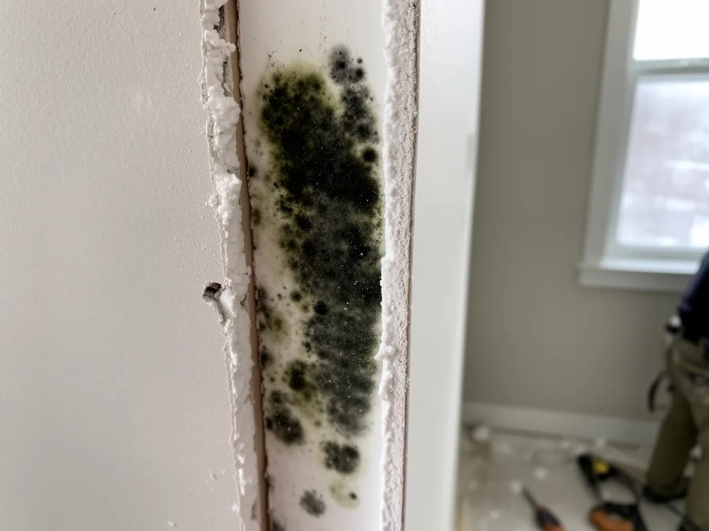 Close-up of a cut drywall section with dark mold on the inner surface